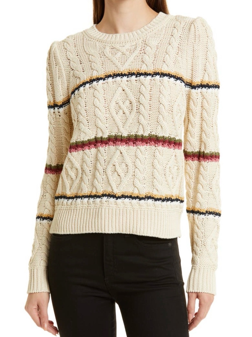 Veronica Beard Bruna Stripe Cable Knit Sweater Ivory Multi XS
